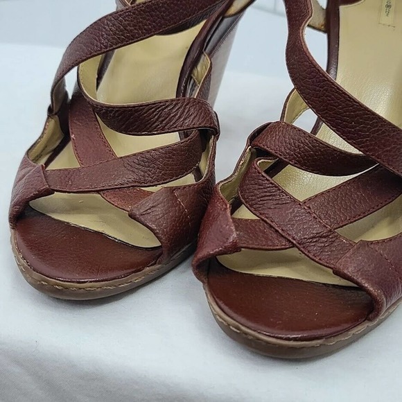 Max Studio Wedge Heels Brown 9M Strappy Sandal Leather Open Toe Xpect 4" Heel - Picture 6 of 11
